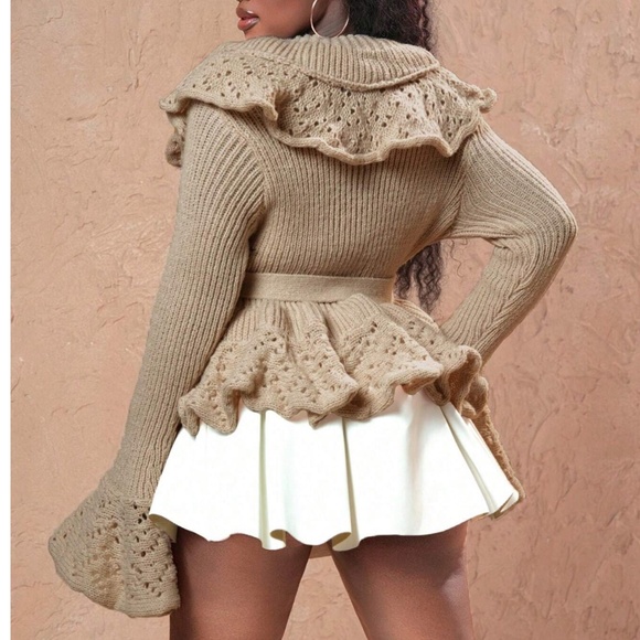 Classic Ruffle Detail Bell Sleeve Belted Knit Cardigan Sweater - Picture 4 of 7